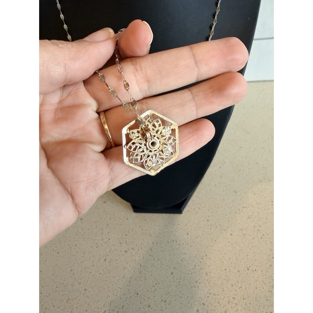 Vintage Sterling Silver Handmade Artisan Style Hexagon Filigree Pendant Necklace - Picture 5 of 8